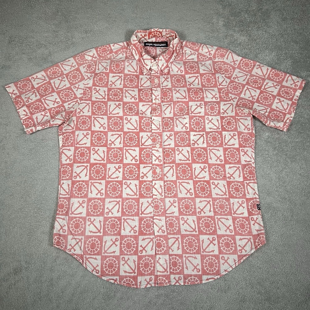 Reyn Spooner Shirt Men Medium Anchor Ship Wheel Print Short Sleeve Hawaiian